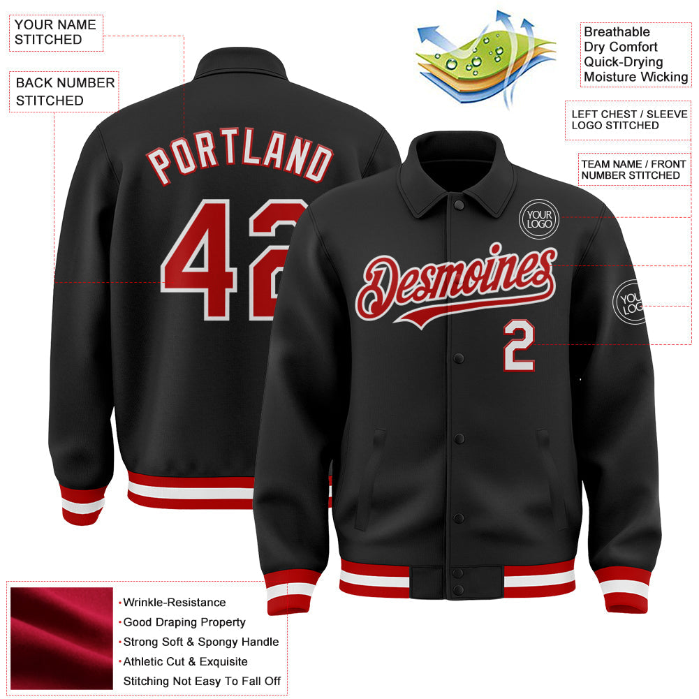 Custom Black Red-White Bomber Full-Snap Varsity Letterman Lapel Collar Byron Jacket view 3