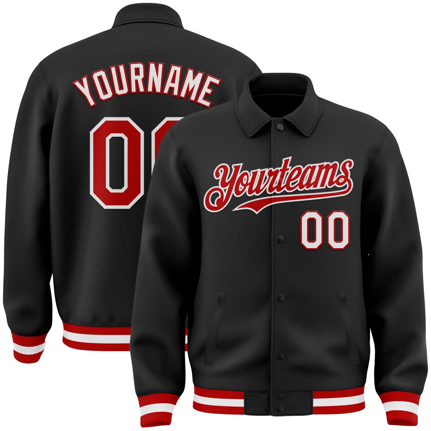 Custom Black Red-White Bomber Full-Snap Varsity Letterman Lapel Collar Byron Jacket - Main View
