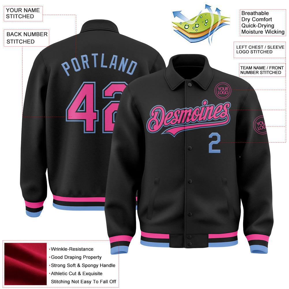 Custom Black Pink-Light Blue Bomber Full-Snap Varsity Letterman Lapel Collar Byron Jacket view 3