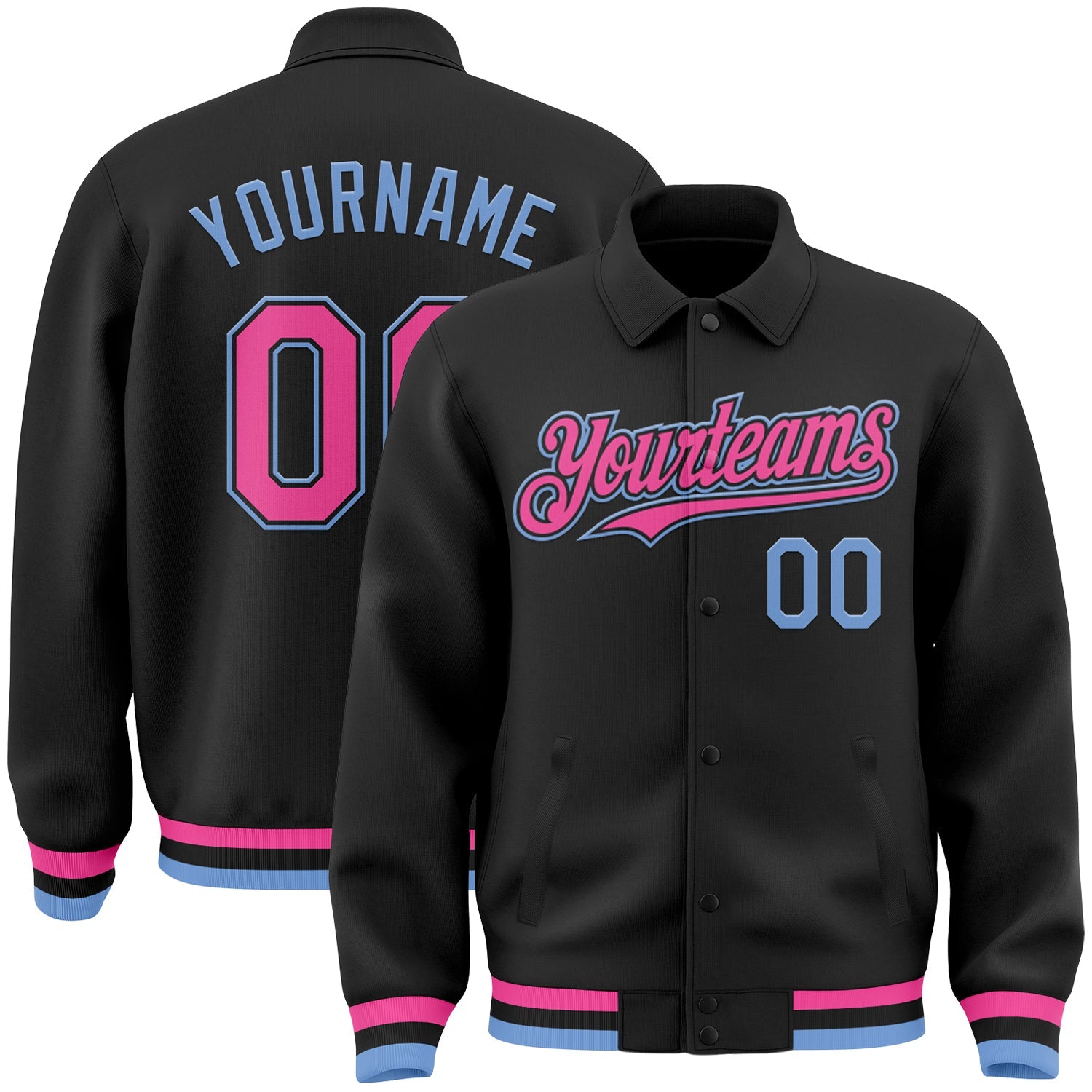 Custom Black Pink-Light Blue Bomber Full-Snap Varsity Letterman Lapel Collar Byron Jacket - Main View