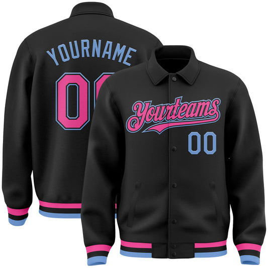 Custom Black Pink-Light Blue Bomber Full-Snap Varsity Letterman Lapel Collar Byron Jacket - Main View
