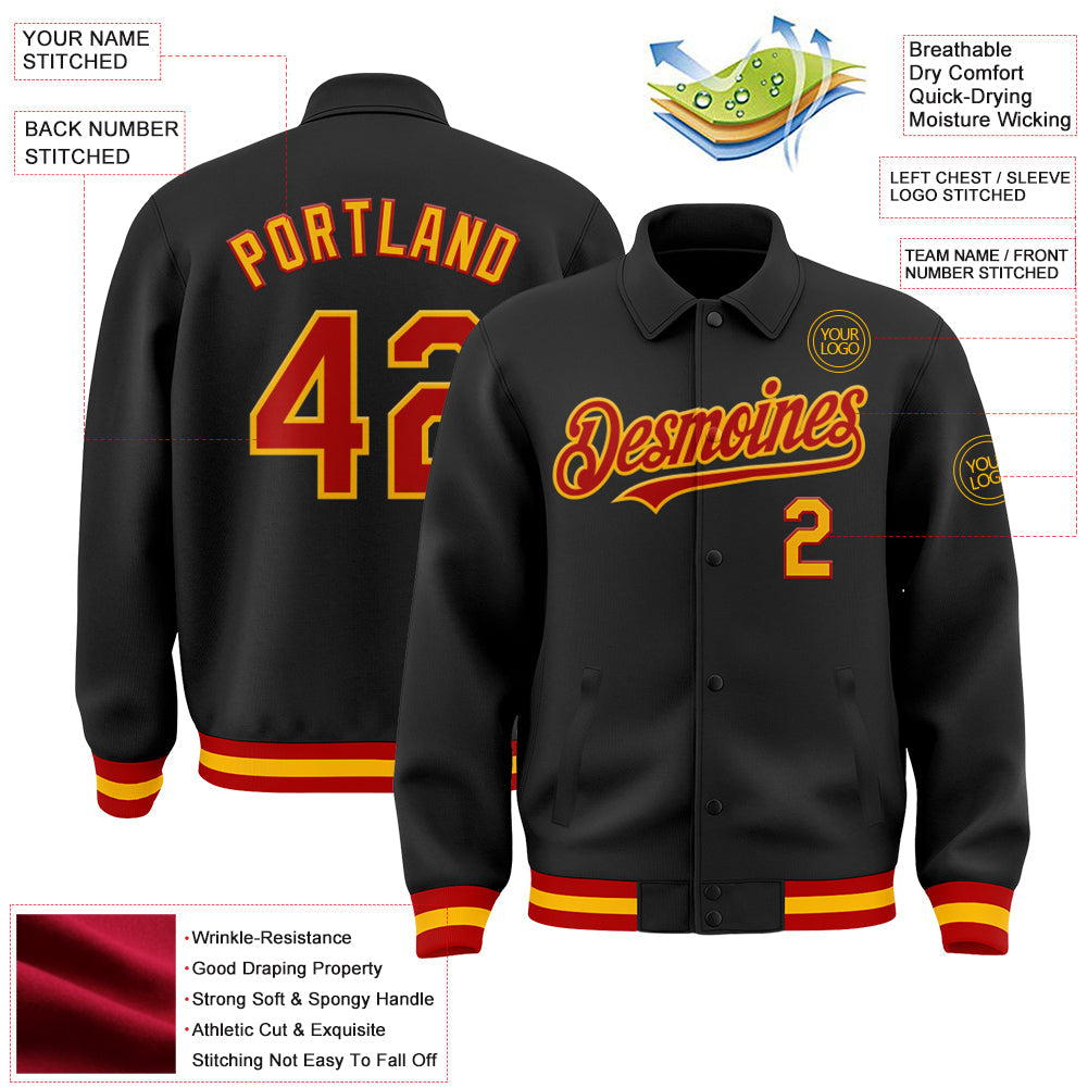 Custom Black Red-Gold Bomber Full-Snap Varsity Letterman Lapel Collar Byron Jacket view 3