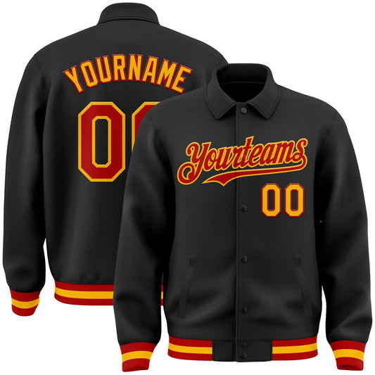 Custom Black Red-Gold Bomber Full-Snap Varsity Letterman Lapel Collar Byron Jacket - Main View
