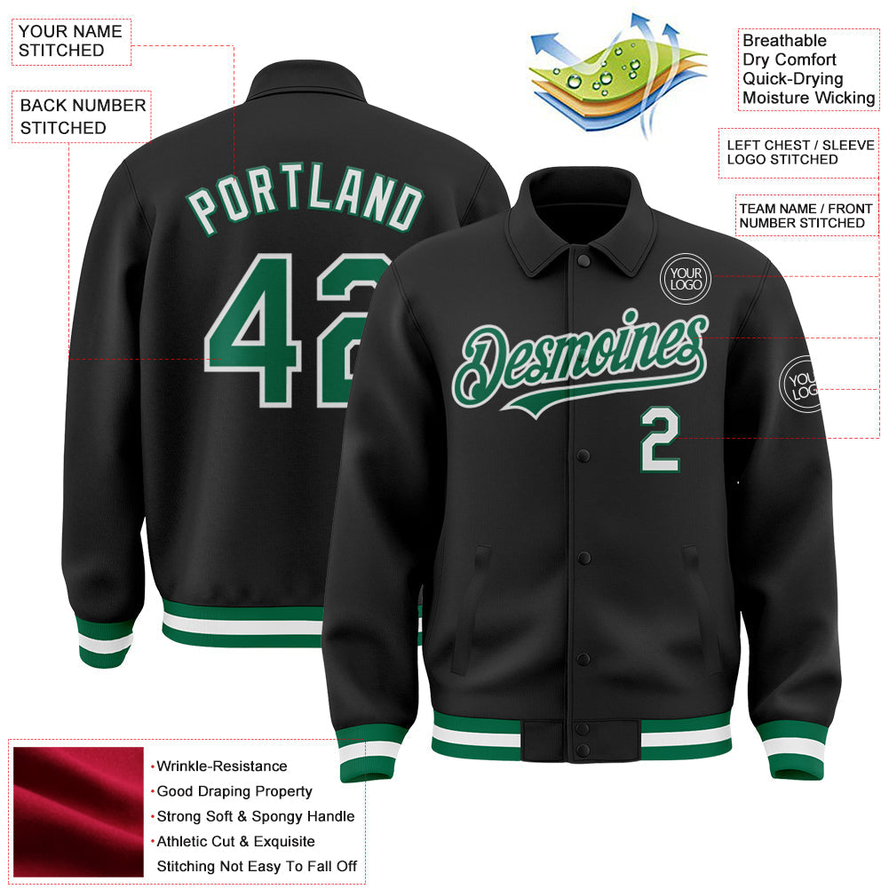 Custom Black Kelly Green-White Bomber Full-Snap Varsity Letterman Lapel Collar Byron Jacket view 3