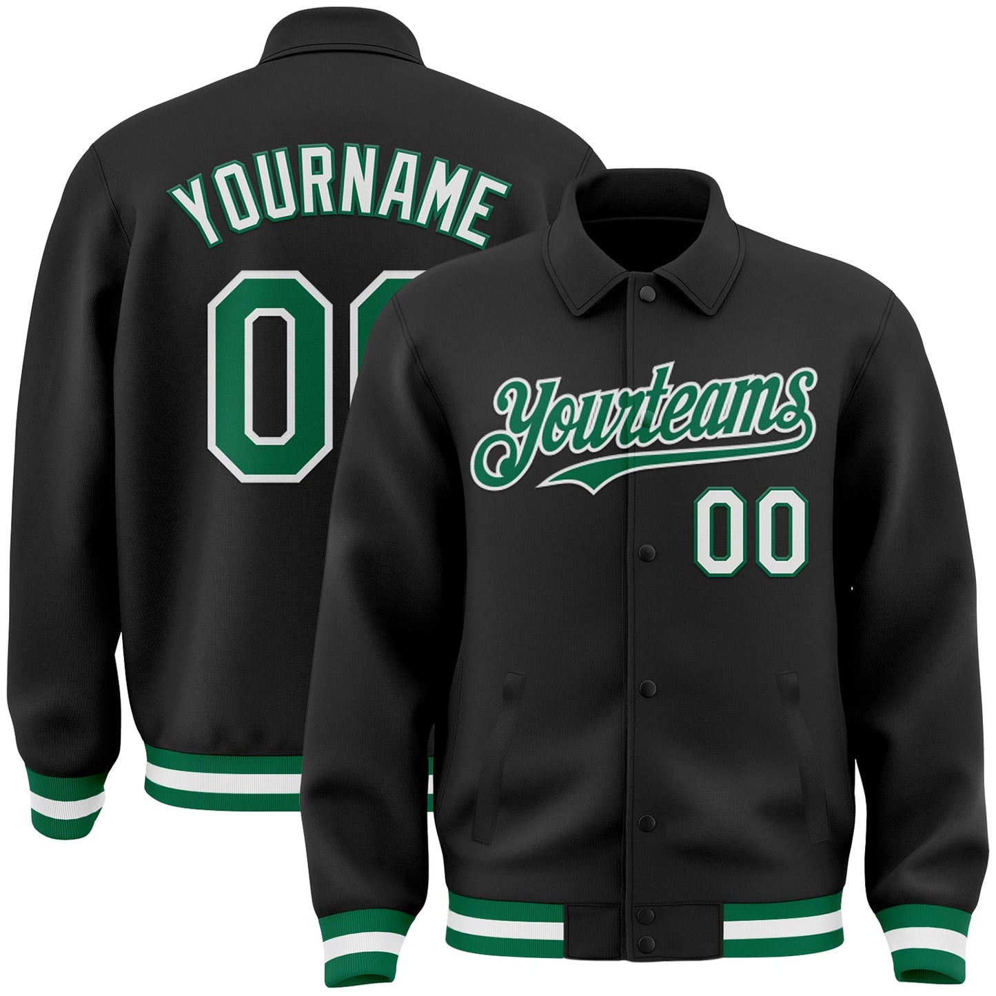 Custom Black Kelly Green-White Bomber Full-Snap Varsity Letterman Lapel Collar Byron Jacket - Main View