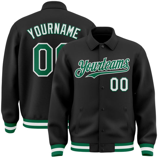Custom Black Kelly Green-White Bomber Full-Snap Varsity Letterman Lapel Collar Byron Jacket - Main View