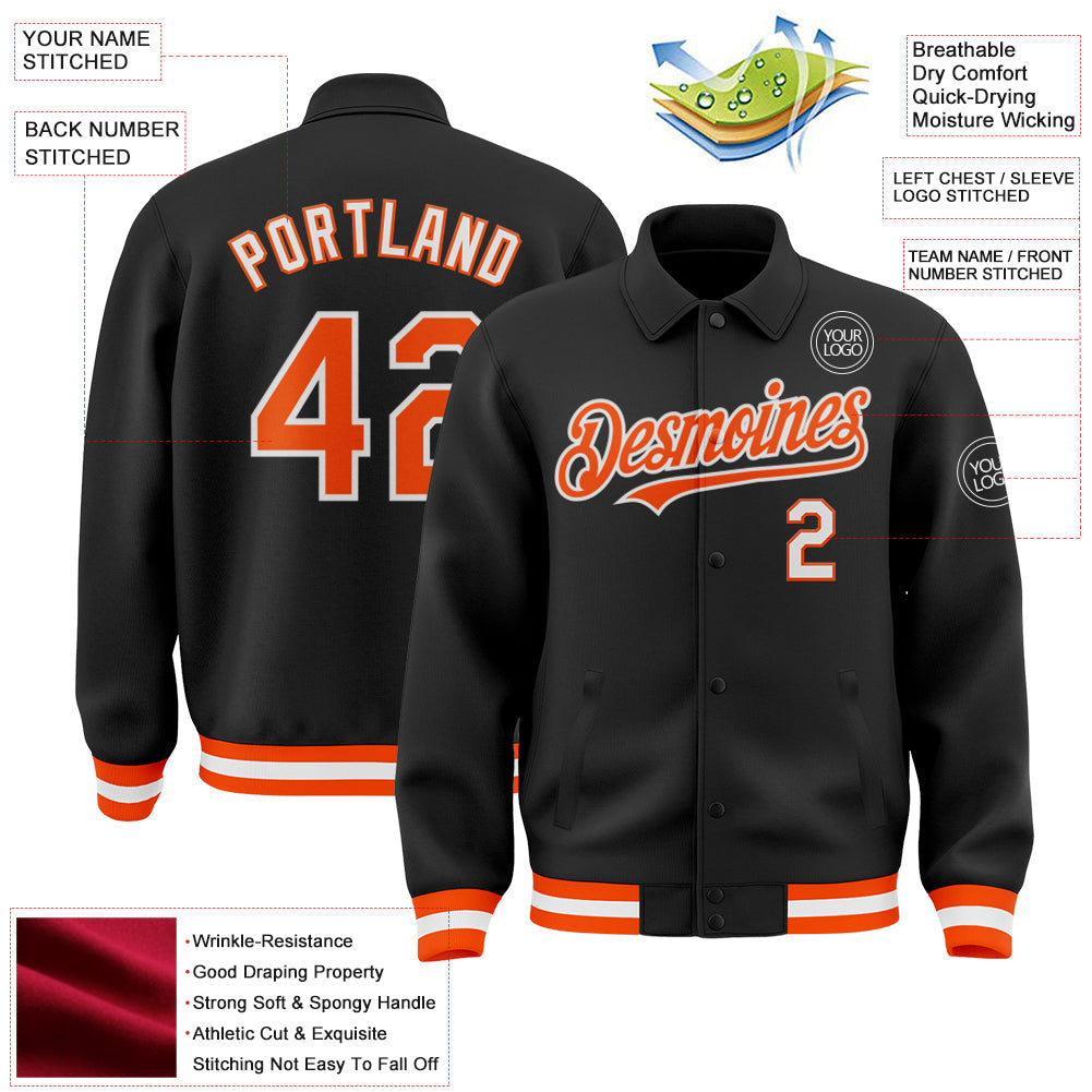 Custom Black Orange-White Bomber Full-Snap Varsity Letterman Lapel Collar Byron Jacket view 3