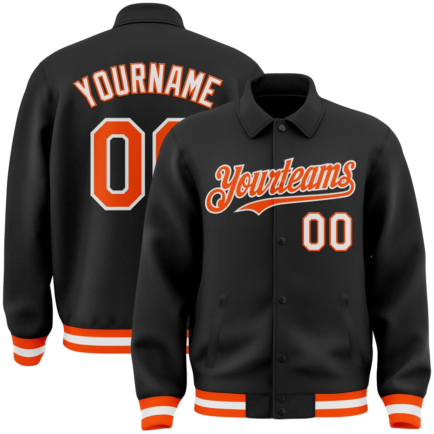 Custom Black Orange-White Bomber Full-Snap Varsity Letterman Lapel Collar Byron Jacket - Main View