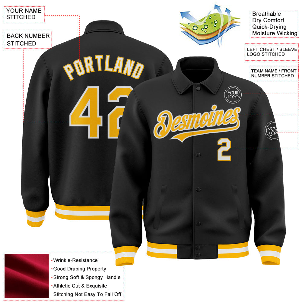 Custom Black Gold-White Bomber Full-Snap Varsity Letterman Lapel Collar Byron Jacket view 3