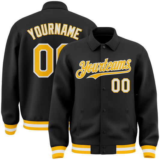 Custom Black Gold-White Bomber Full-Snap Varsity Letterman Lapel Collar Byron Jacket - Main View