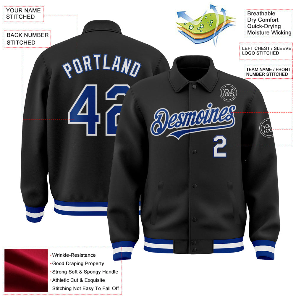 Custom Black Royal-White Bomber Full-Snap Varsity Letterman Lapel Collar Byron Jacket view 3