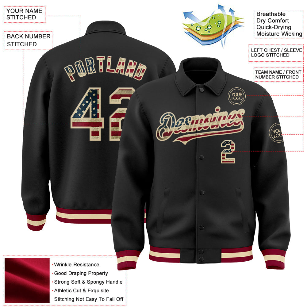 Custom Black Vintage USA Flag Cream-Maroon Bomber Full-Snap Varsity Letterman Lapel Collar Byron Jacket view 3