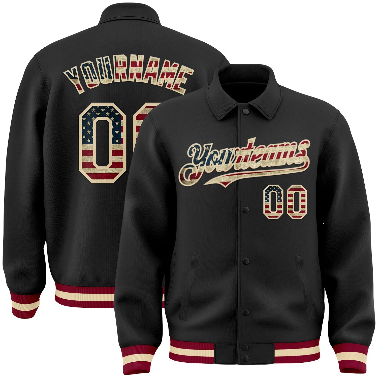 Custom Black Vintage USA Flag Cream-Maroon Bomber Full-Snap Varsity Letterman Lapel Collar Byron Jacket - Main View