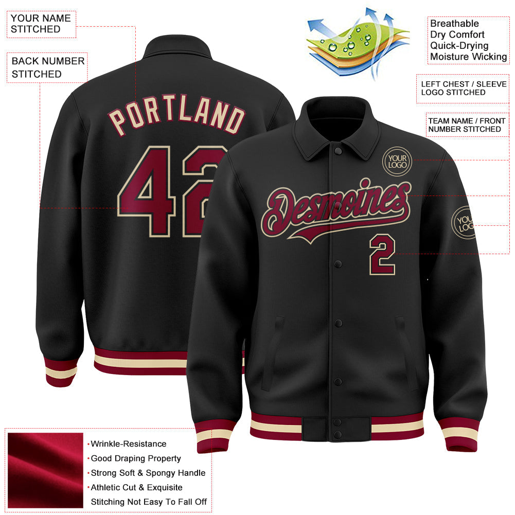 Custom Black Maroon-Cream Bomber Full-Snap Varsity Letterman Lapel Collar Byron Jacket view 3