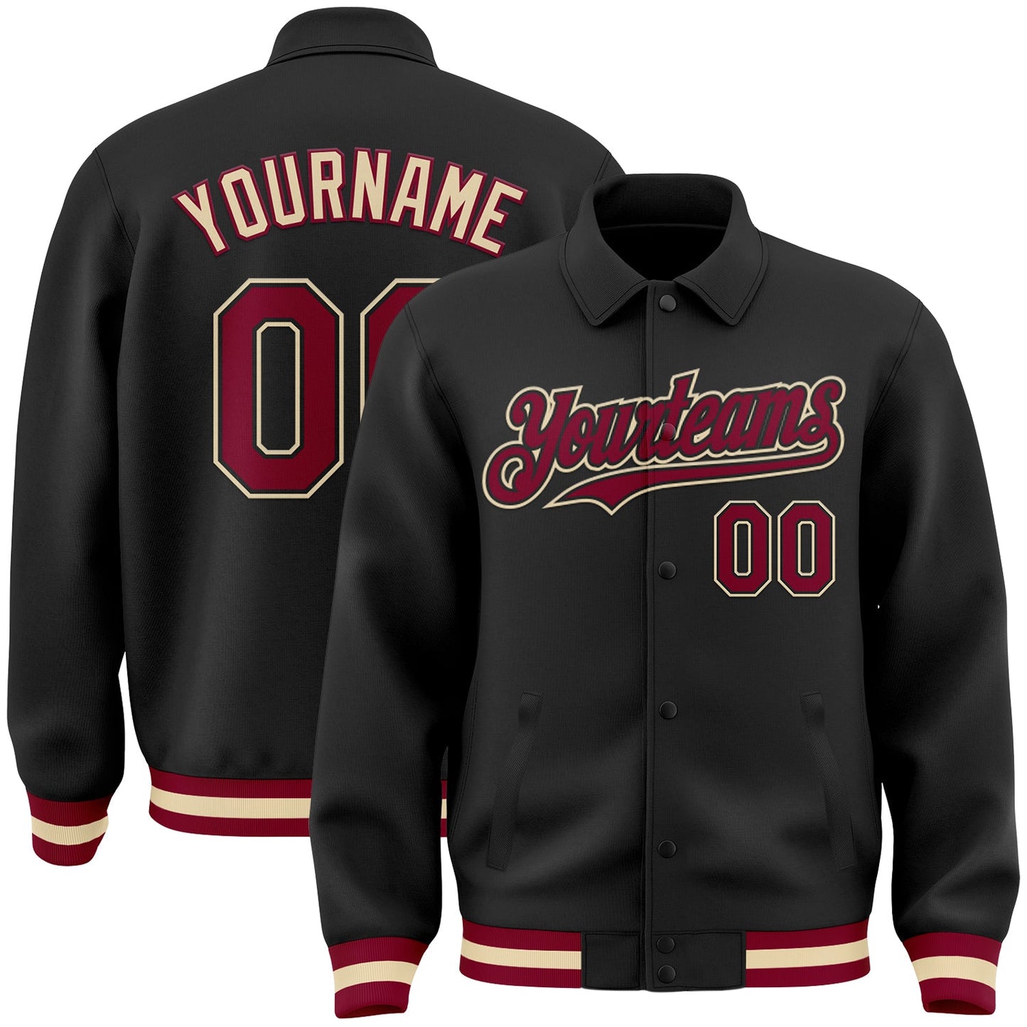 Custom Black Maroon-Cream Bomber Full-Snap Varsity Letterman Lapel Collar Byron Jacket - Main View
