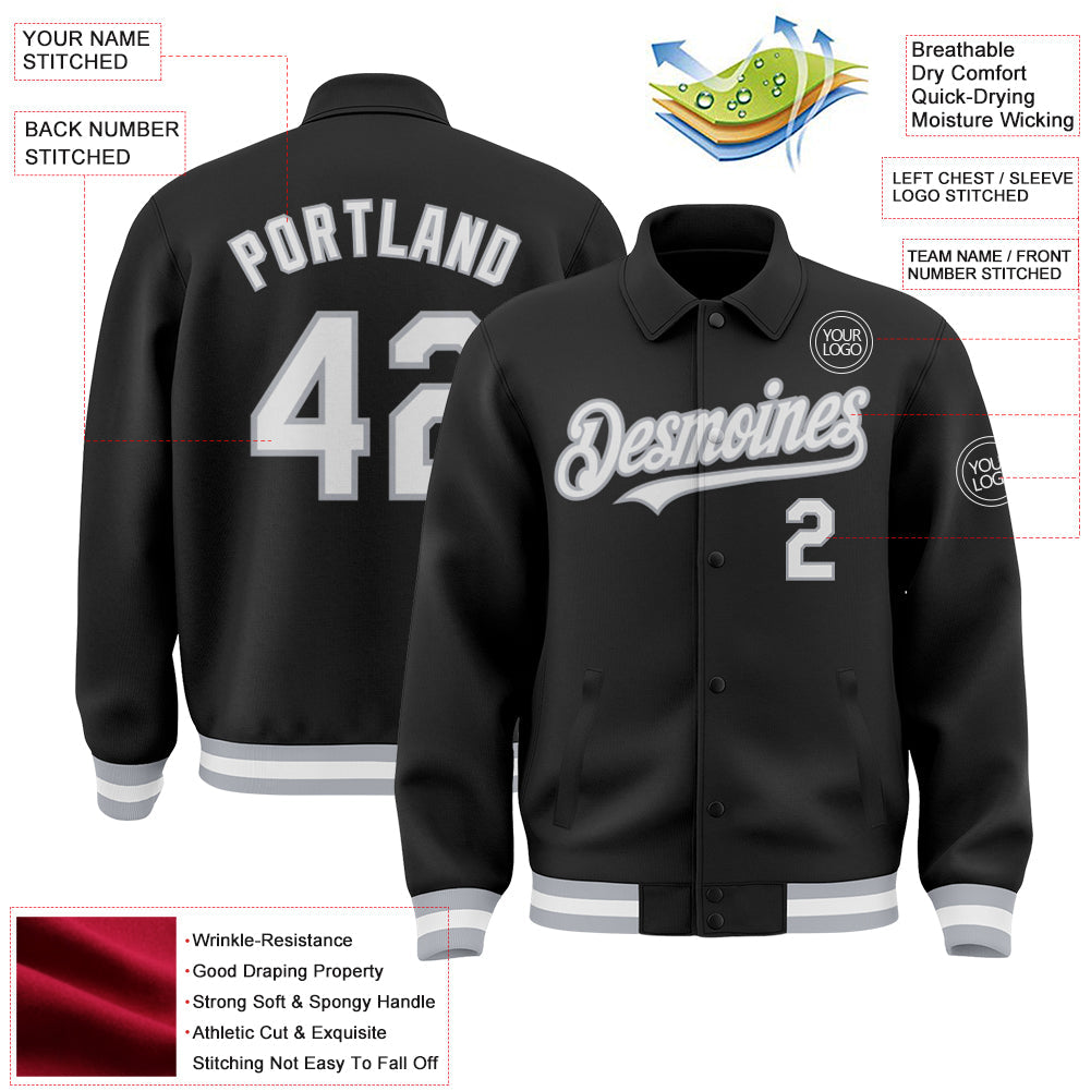 Custom Black White-Gray Bomber Full-Snap Varsity Letterman Lapel Collar Byron Jacket view 3