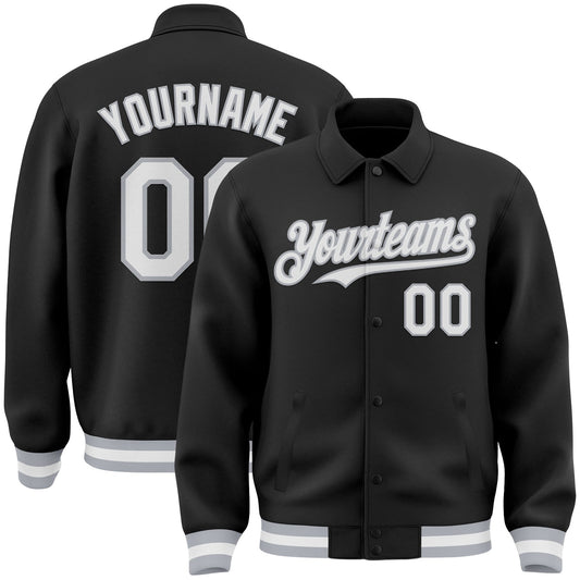Custom Black White-Gray Bomber Full-Snap Varsity Letterman Lapel Collar Byron Jacket - Main View