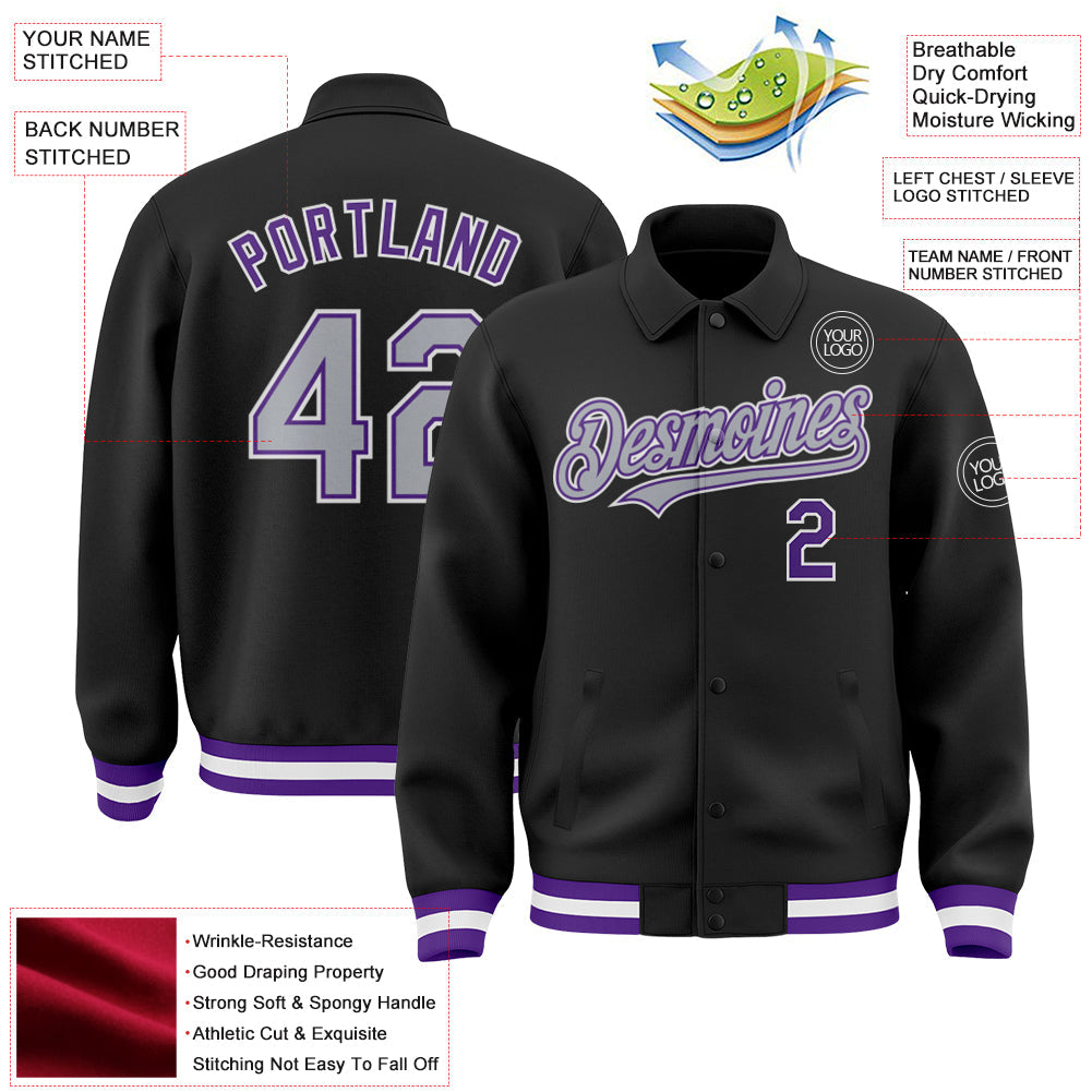 Custom Black Gray-Purple Bomber Full-Snap Varsity Letterman Lapel Collar Byron Jacket view 3