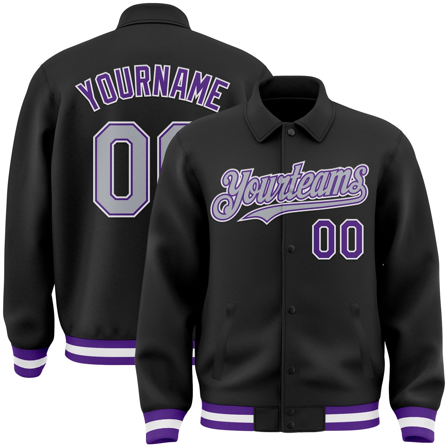 Custom Black Gray-Purple Bomber Full-Snap Varsity Letterman Lapel Collar Byron Jacket - Main View