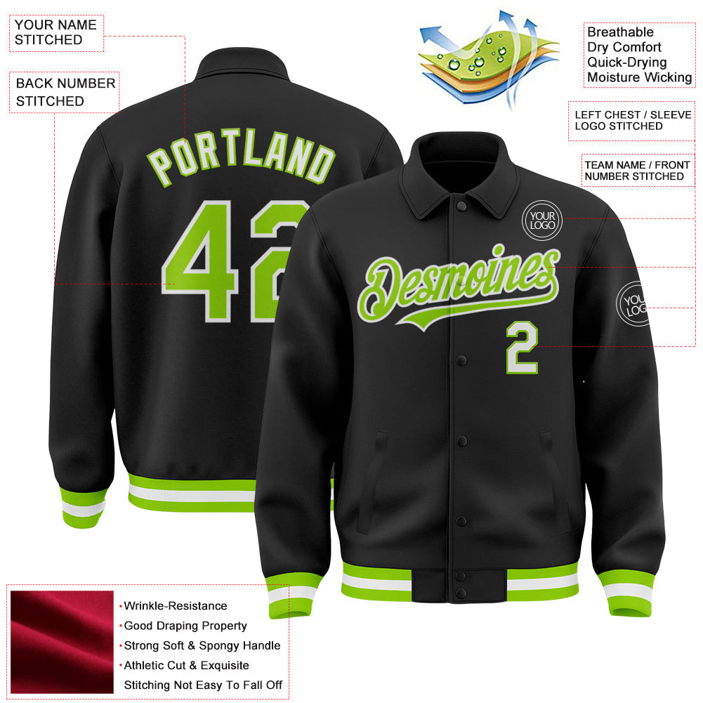 Custom Black Neon Green-White Bomber Full-Snap Varsity Letterman Lapel Collar Byron Jacket view 3