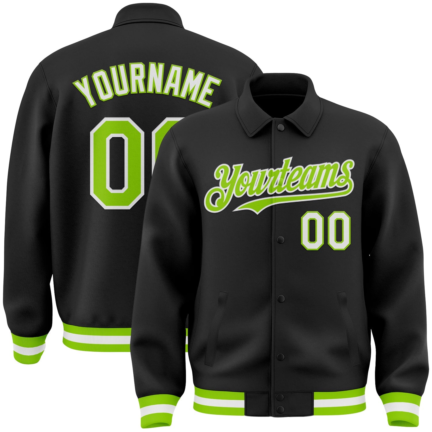 Custom Black Neon Green-White Bomber Full-Snap Varsity Letterman Lapel Collar Byron Jacket - Main View