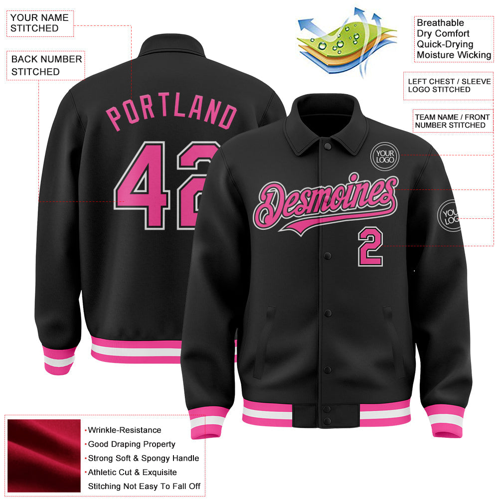 Custom Black Pink-White Bomber Full-Snap Varsity Letterman Lapel Collar Byron Jacket view 3