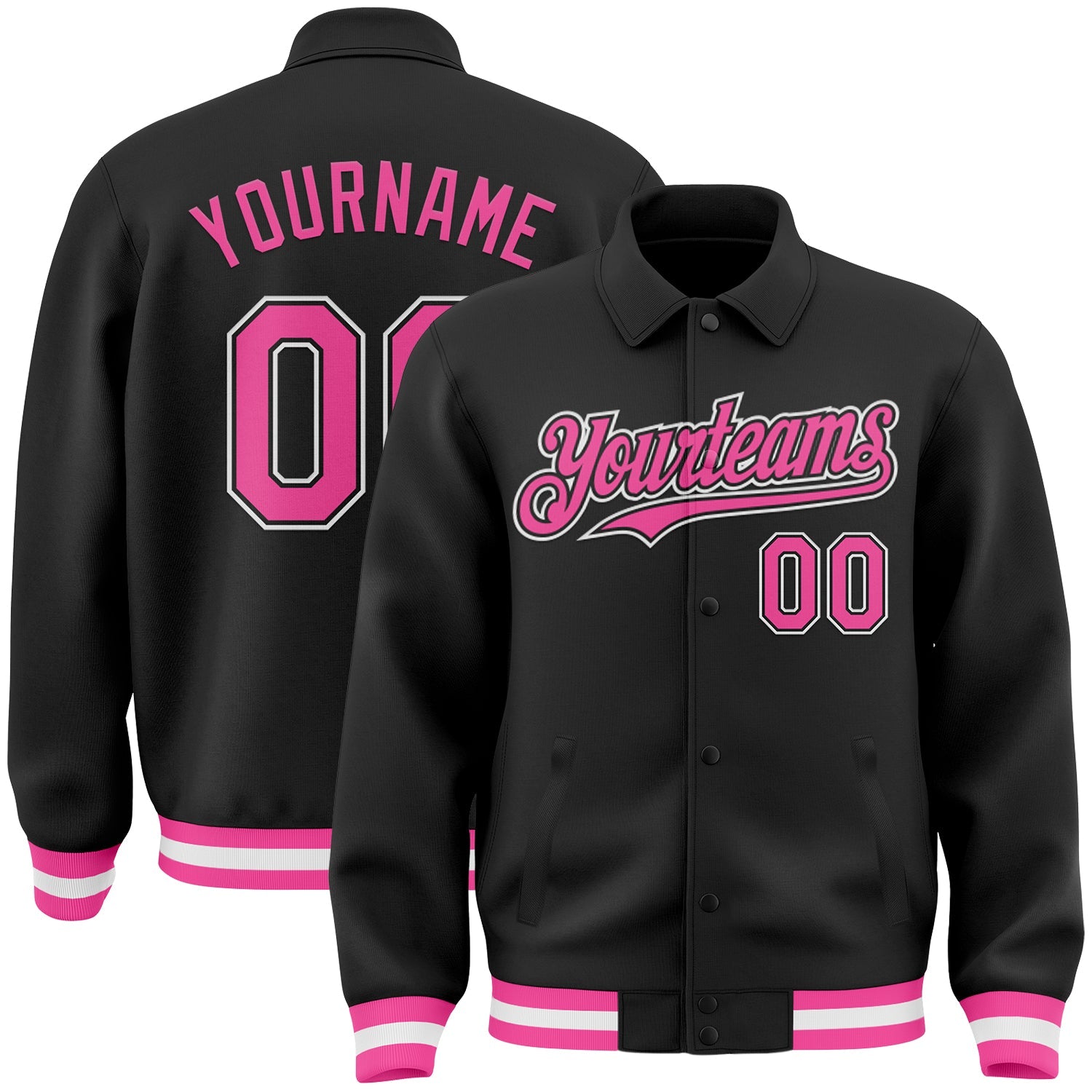 Custom Black Pink-White Bomber Full-Snap Varsity Letterman Lapel Collar Byron Jacket - Main View