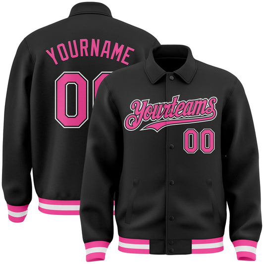 Custom Black Pink-White Bomber Full-Snap Varsity Letterman Lapel Collar Byron Jacket - Main View