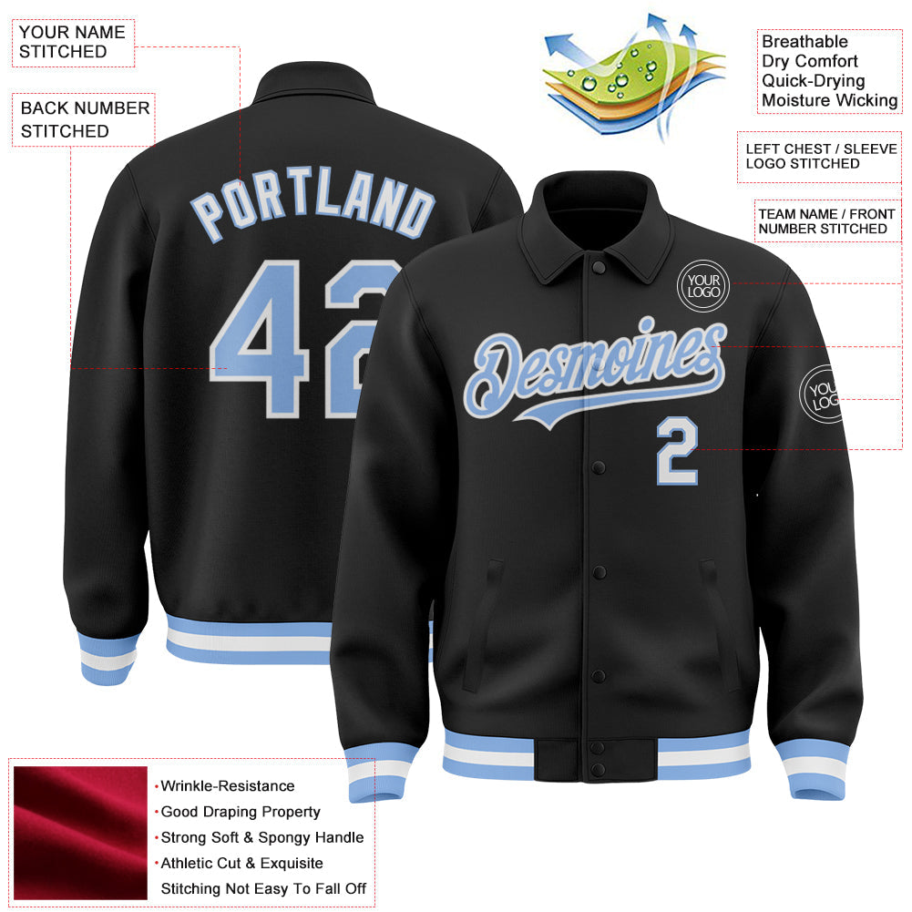 Custom Black Light Blue-White Bomber Full-Snap Varsity Letterman Lapel Collar Byron Jacket view 3