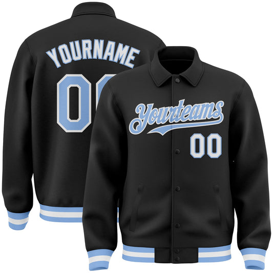 Custom Black Light Blue-White Bomber Full-Snap Varsity Letterman Lapel Collar Byron Jacket - Main View