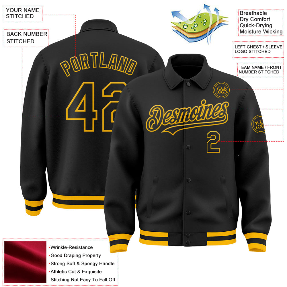 Custom Black Gold Bomber Full-Snap Varsity Letterman Lapel Collar Byron Jacket view 3