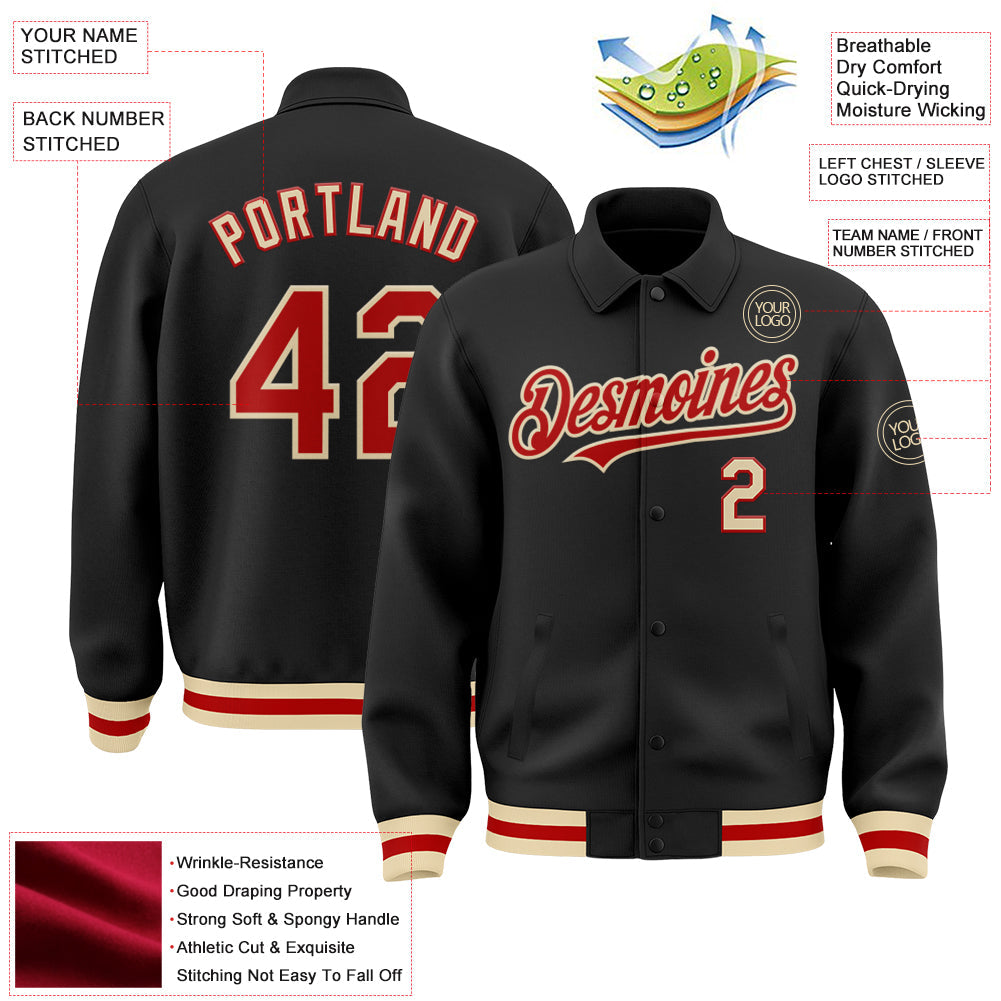 Custom Black Red-Cream Bomber Full-Snap Varsity Letterman Lapel Collar Byron Jacket view 3