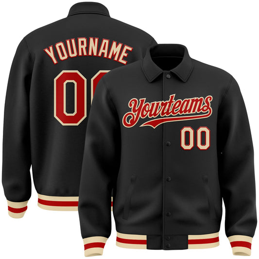 Custom Black Red-Cream Bomber Full-Snap Varsity Letterman Lapel Collar Byron Jacket - Main View