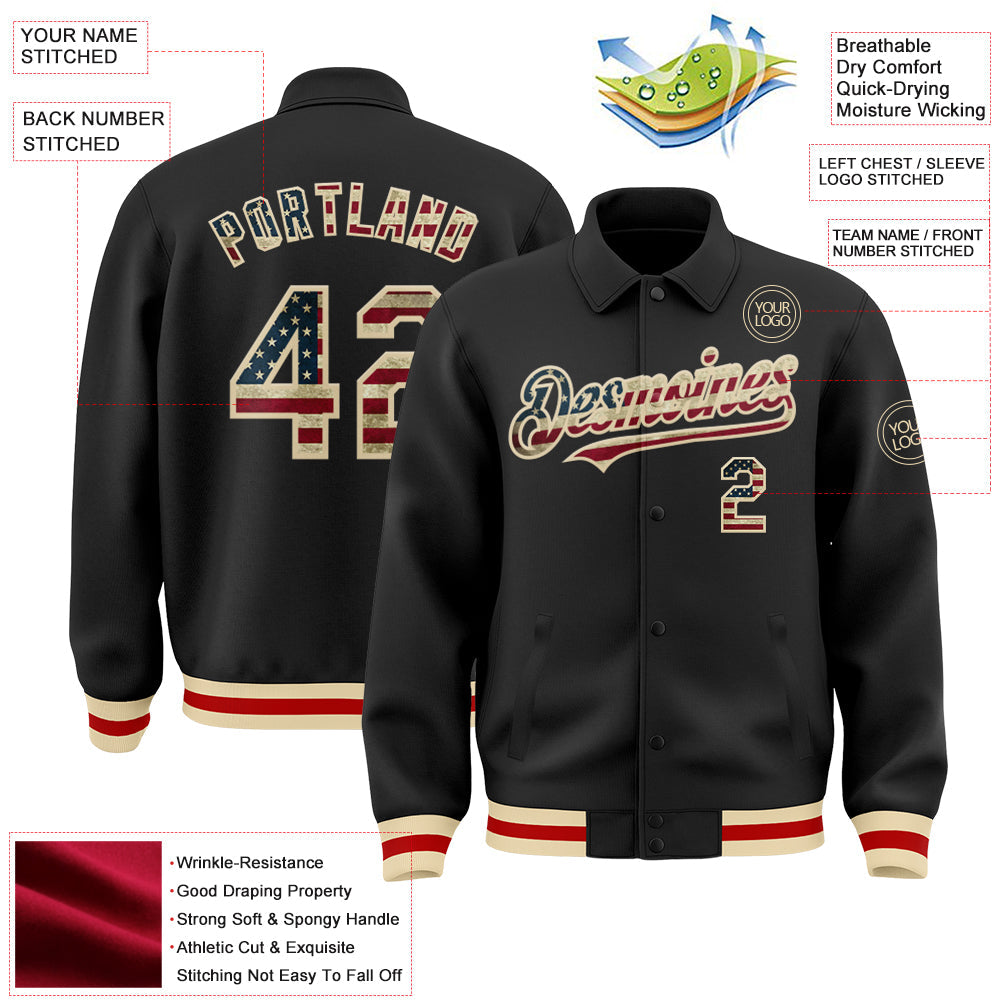 Custom Black Vintage USA Flag Cream-Red Bomber Full-Snap Varsity Letterman Lapel Collar Byron Jacket view 3