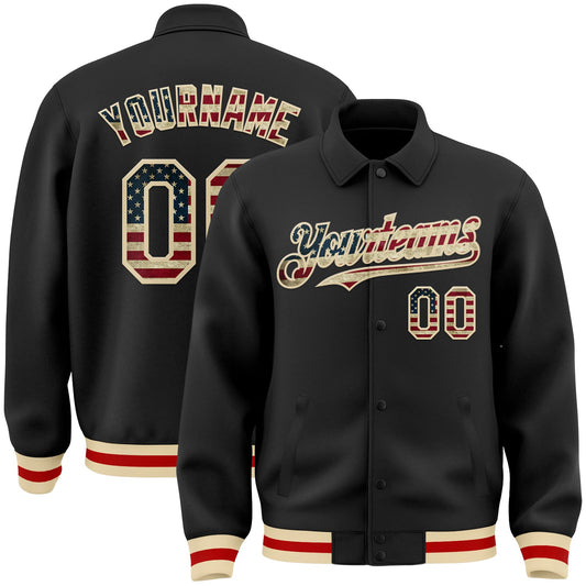 Custom Black Vintage USA Flag Cream-Red Bomber Full-Snap Varsity Letterman Lapel Collar Byron Jacket - Main View