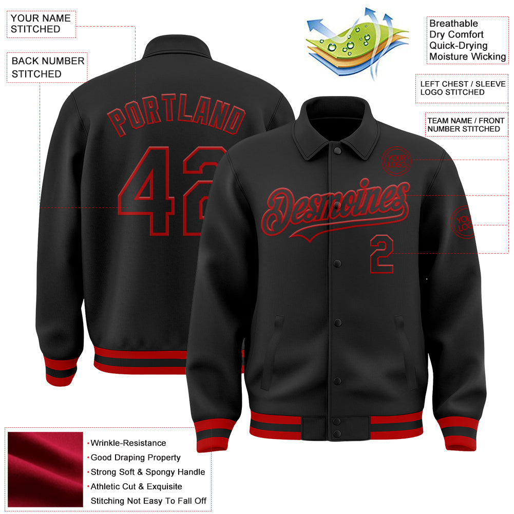 Custom Black Red Bomber Full-Snap Varsity Letterman Lapel Collar Byron Jacket view 3