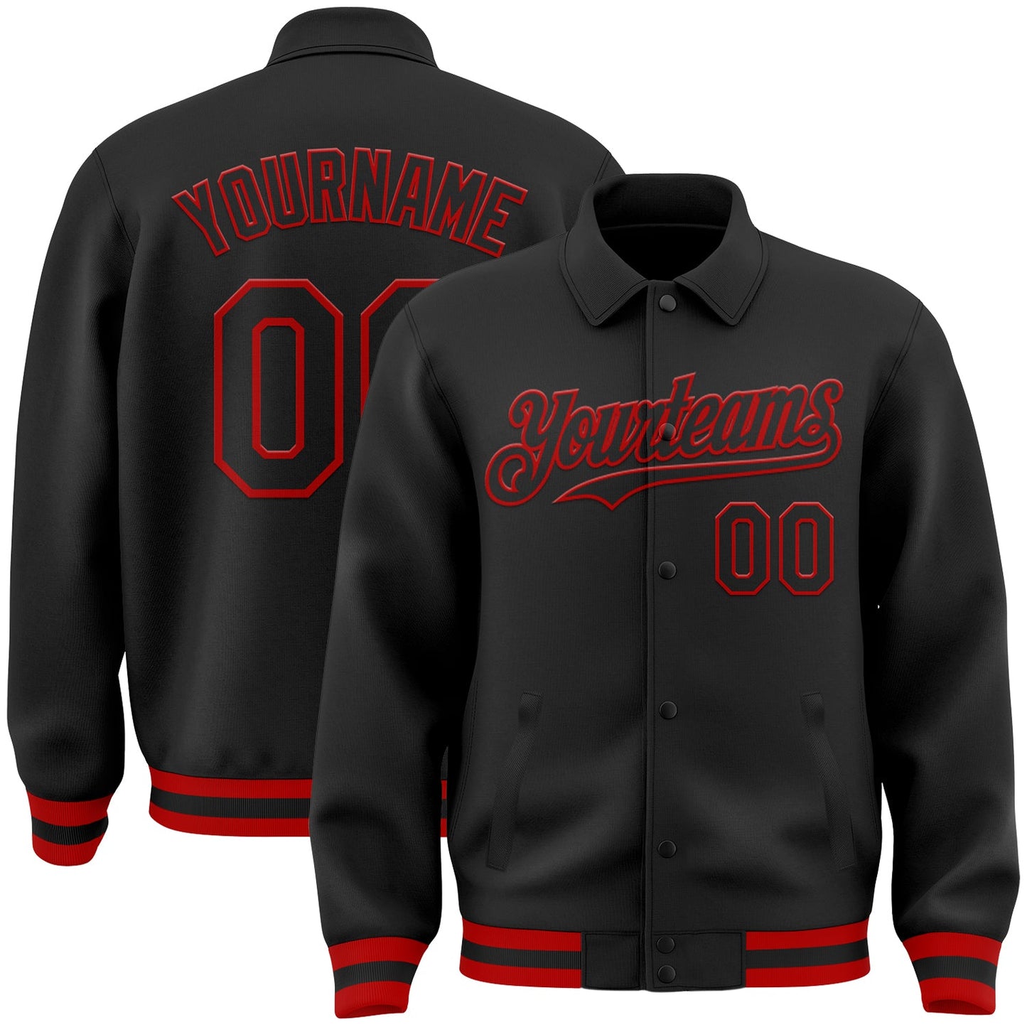 Custom Black Red Bomber Full-Snap Varsity Letterman Lapel Collar Byron Jacket - Main View