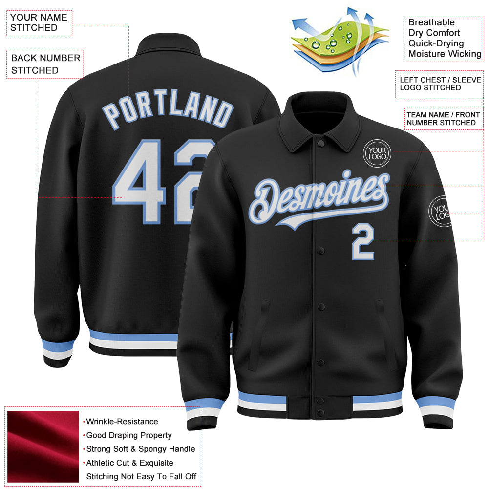 Custom Black White-Light Blue Bomber Full-Snap Varsity Letterman Lapel Collar Byron Jacket view 3