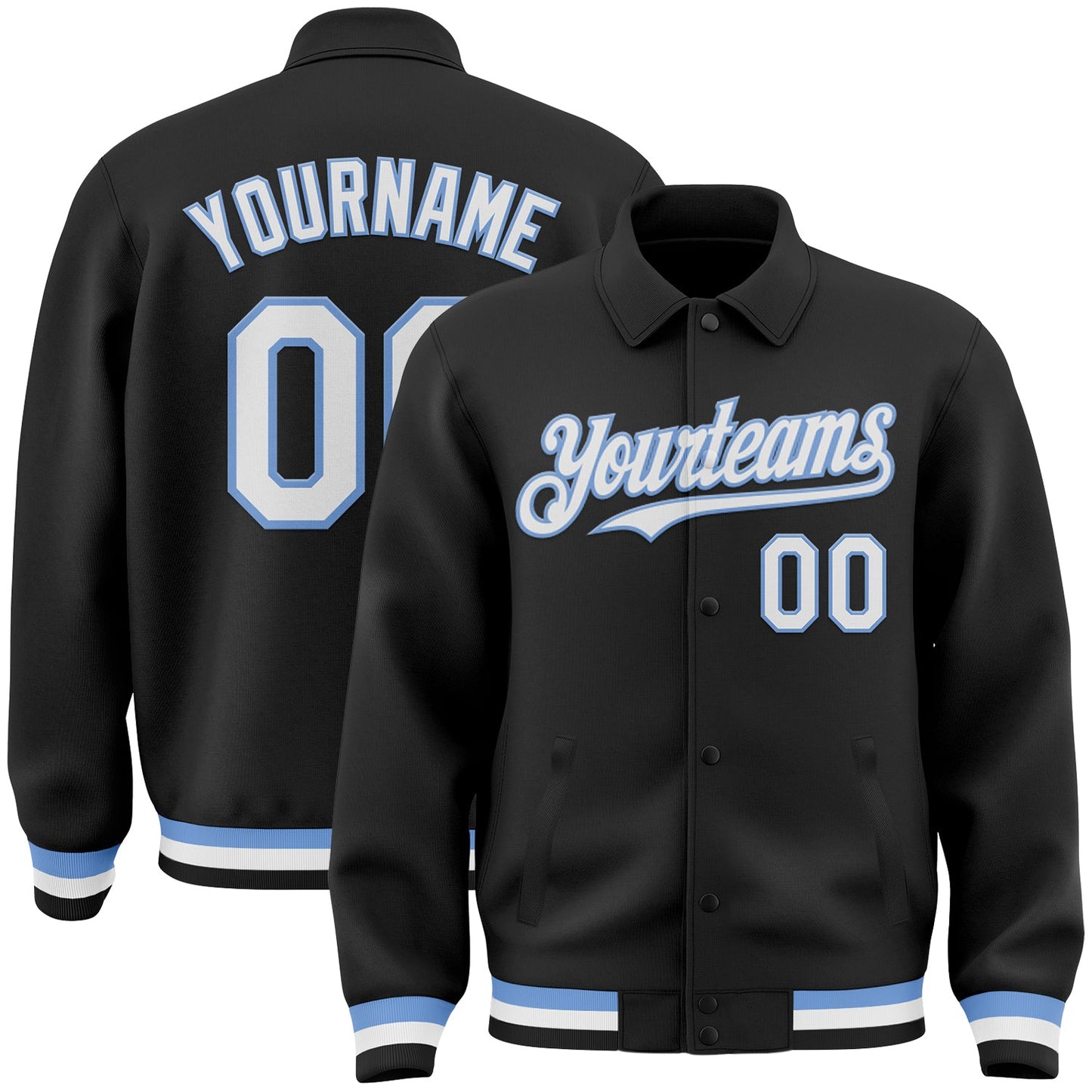 Custom Black White-Light Blue Bomber Full-Snap Varsity Letterman Lapel Collar Byron Jacket - Main View