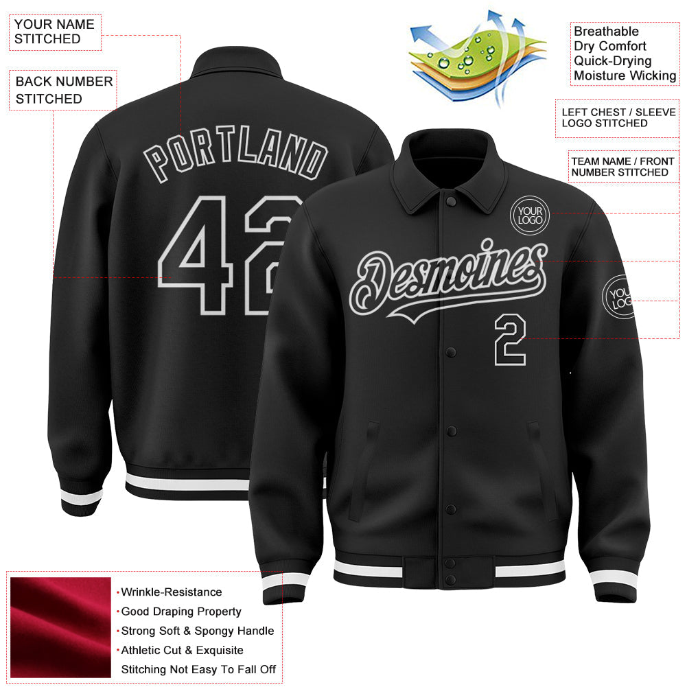 Custom Black White Bomber Full-Snap Varsity Letterman Lapel Collar Byron Jacket view 3