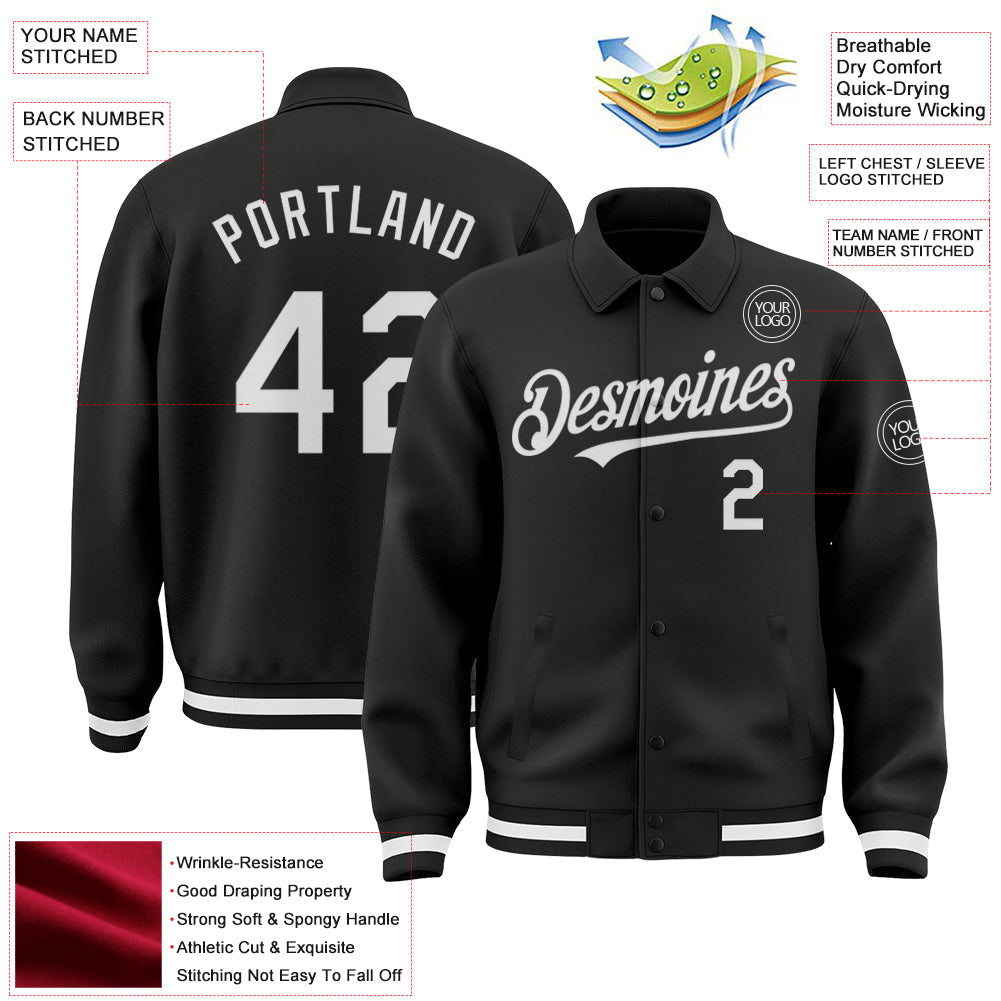 Custom Black White Bomber Full-Snap Varsity Letterman Lapel Collar Byron Jacket view 3