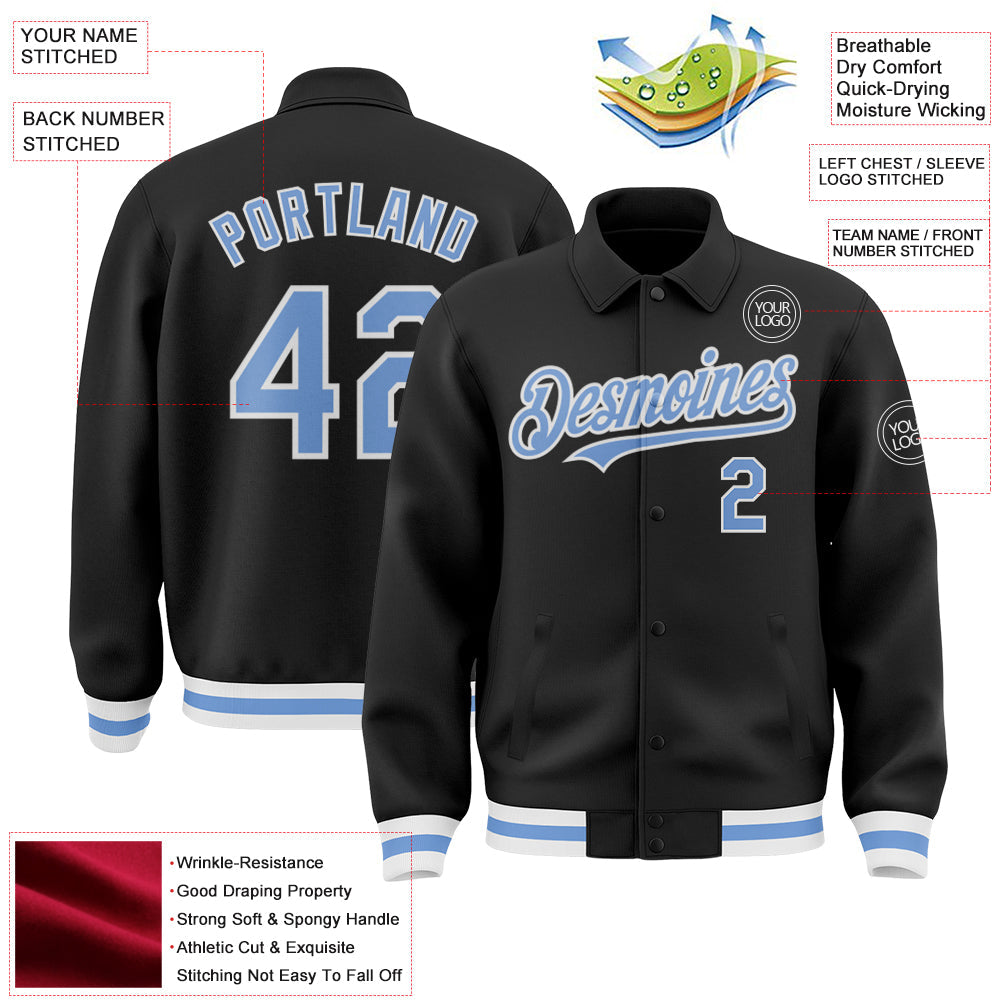 Custom Black Light Blue-White Bomber Full-Snap Varsity Letterman Lapel Collar Byron Jacket view 3