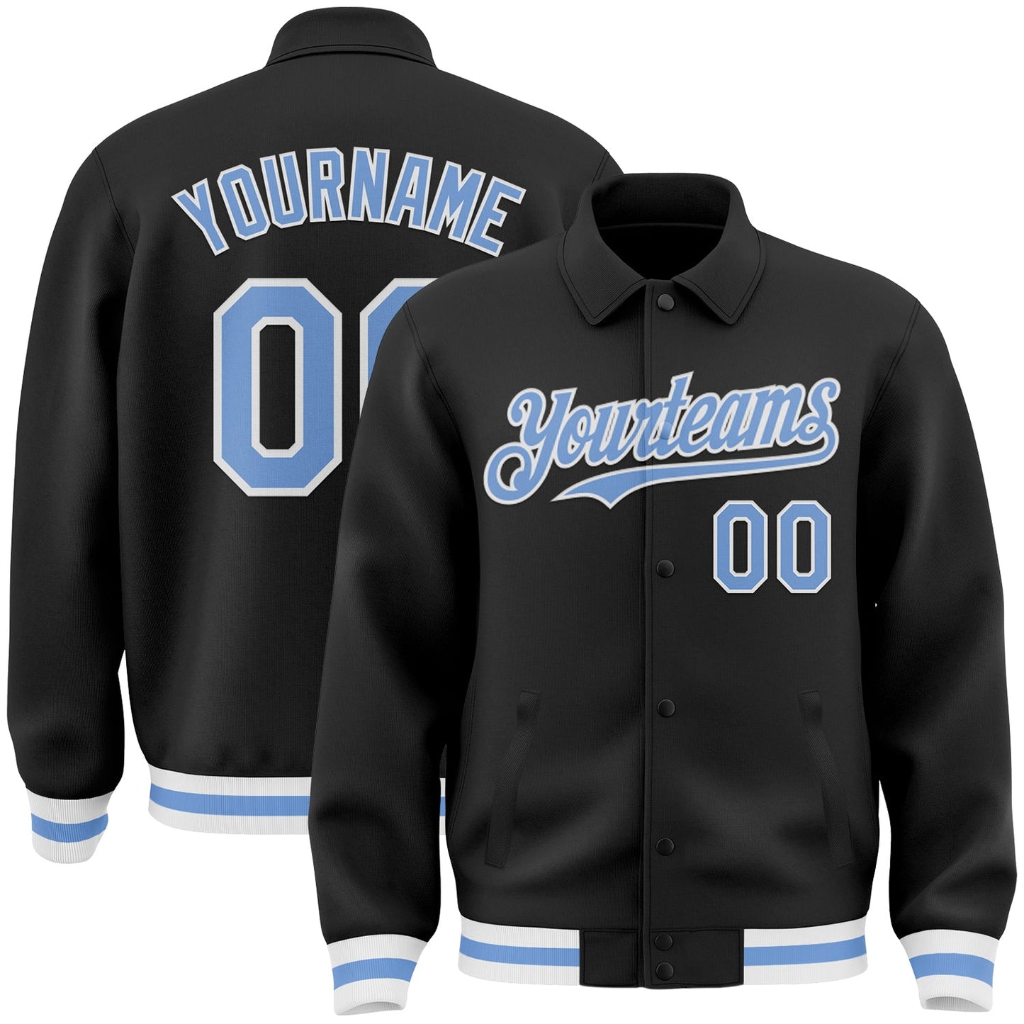 Custom Black Light Blue-White Bomber Full-Snap Varsity Letterman Lapel Collar Byron Jacket - Main View