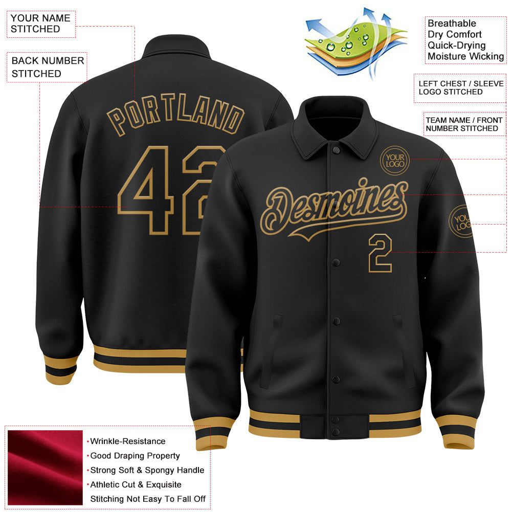 Custom Black Old Gold Bomber Full-Snap Varsity Letterman Lapel Collar Byron Jacket view 3