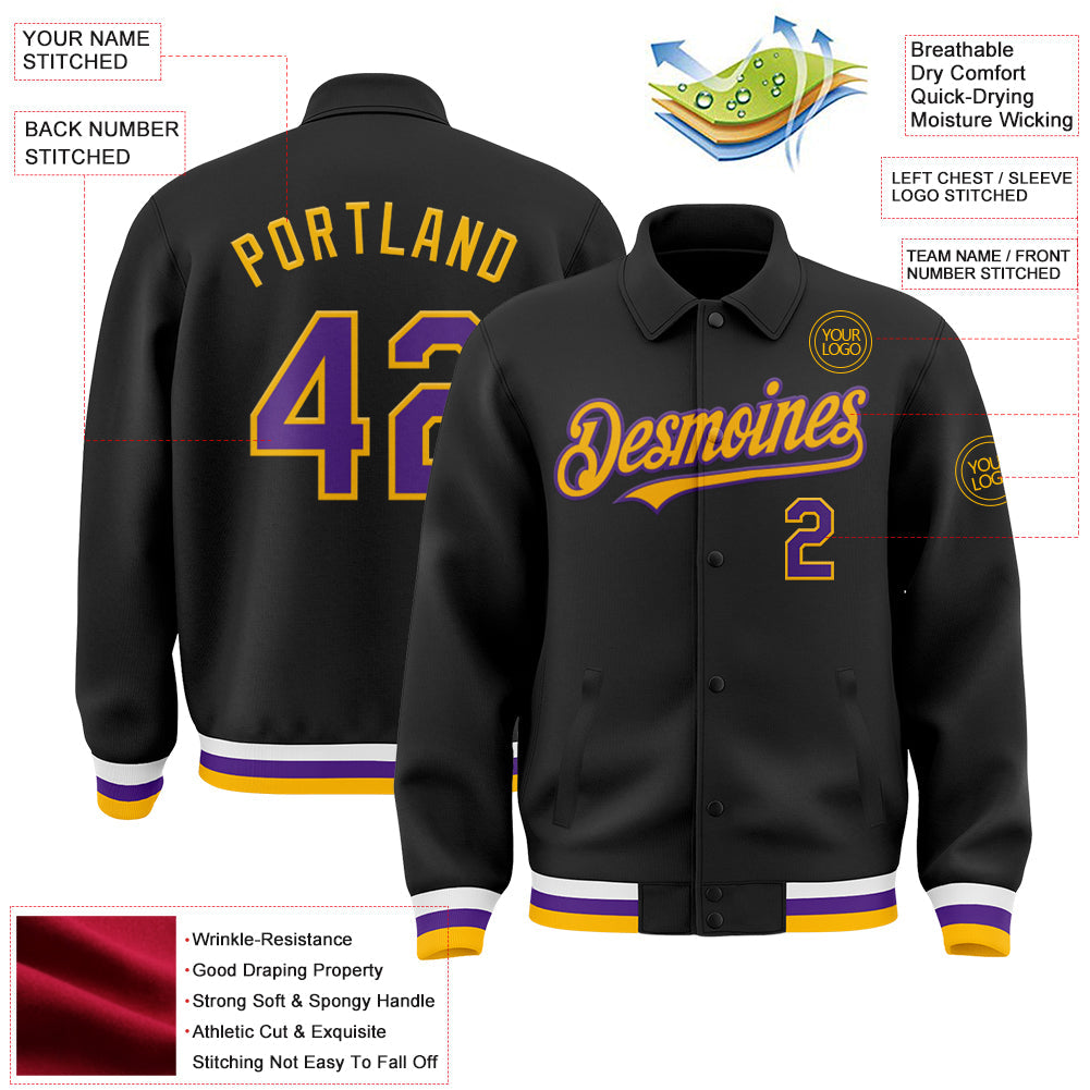Custom Black Purple-Gold Bomber Full-Snap Varsity Letterman Lapel Collar Byron Jacket view 3