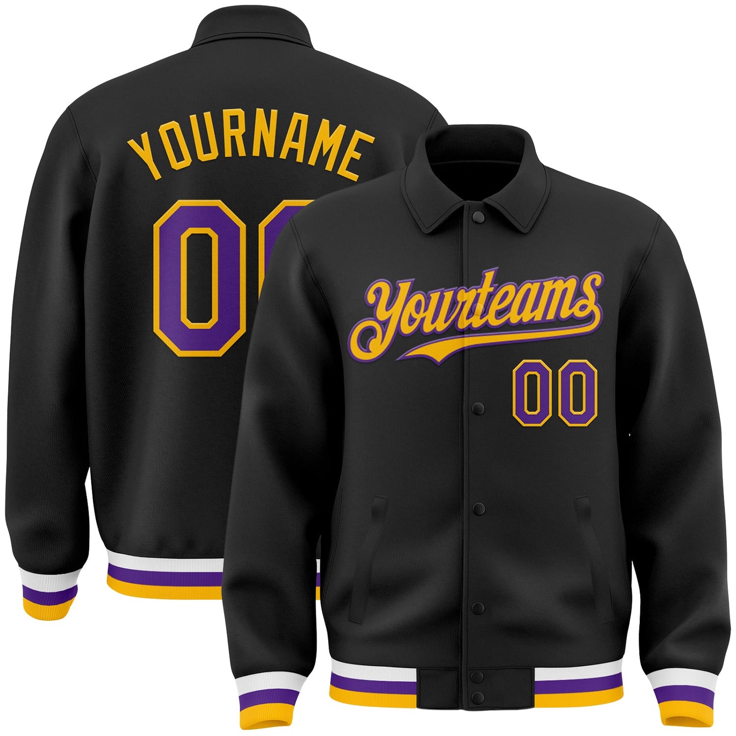 Custom Black Purple-Gold Bomber Full-Snap Varsity Letterman Lapel Collar Byron Jacket - Main View