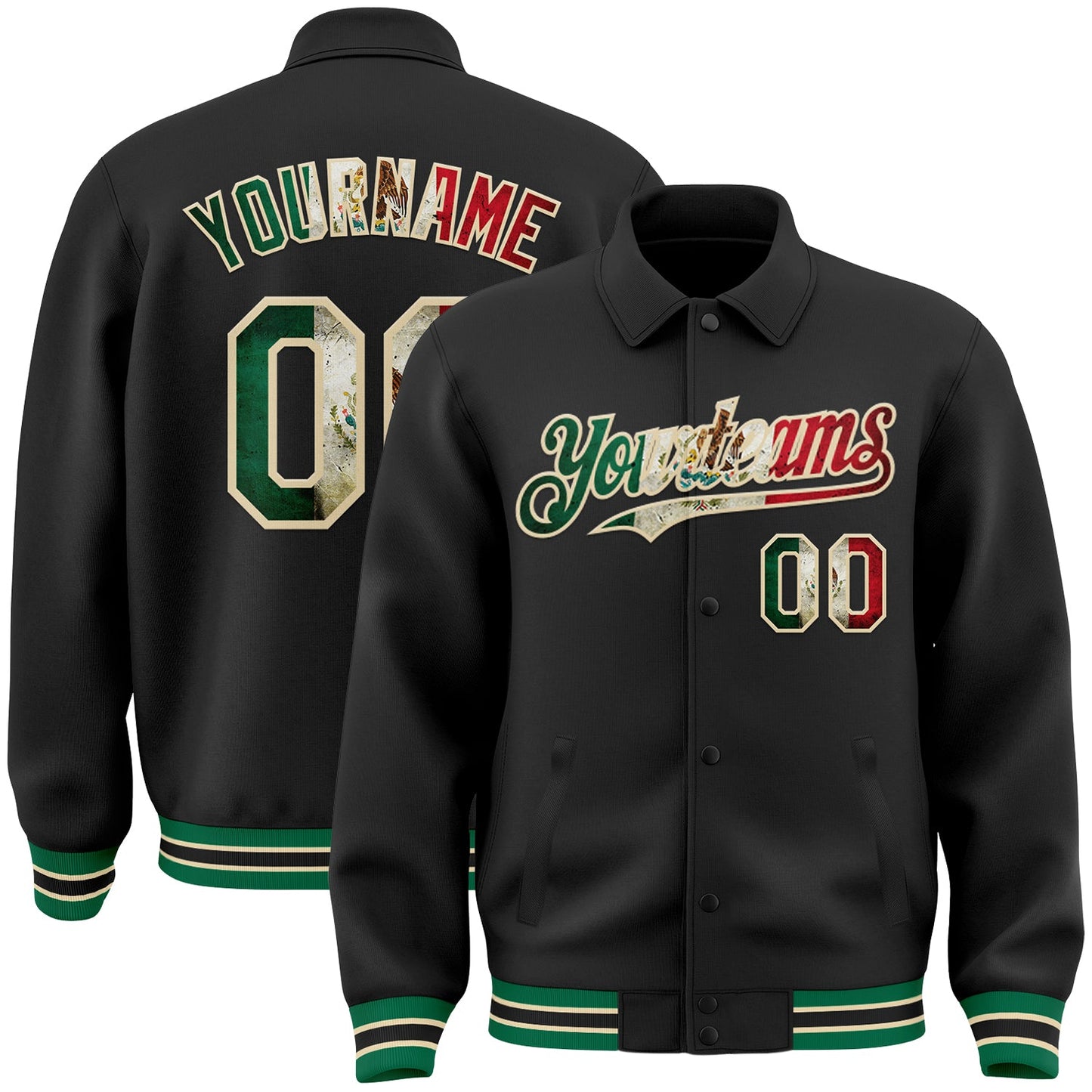 Custom Black Vintage Mexican Flag Cream-Kelly Green Bomber Full-Snap Varsity Letterman Lapel Collar Byron Jacket - Main View