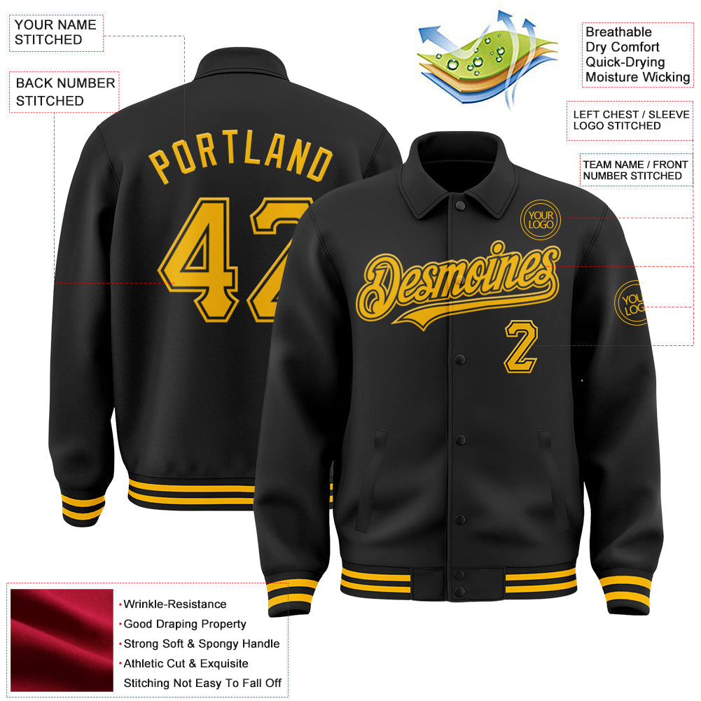 Custom Black Gold Bomber Full-Snap Varsity Letterman Lapel Collar Byron Jacket view 3