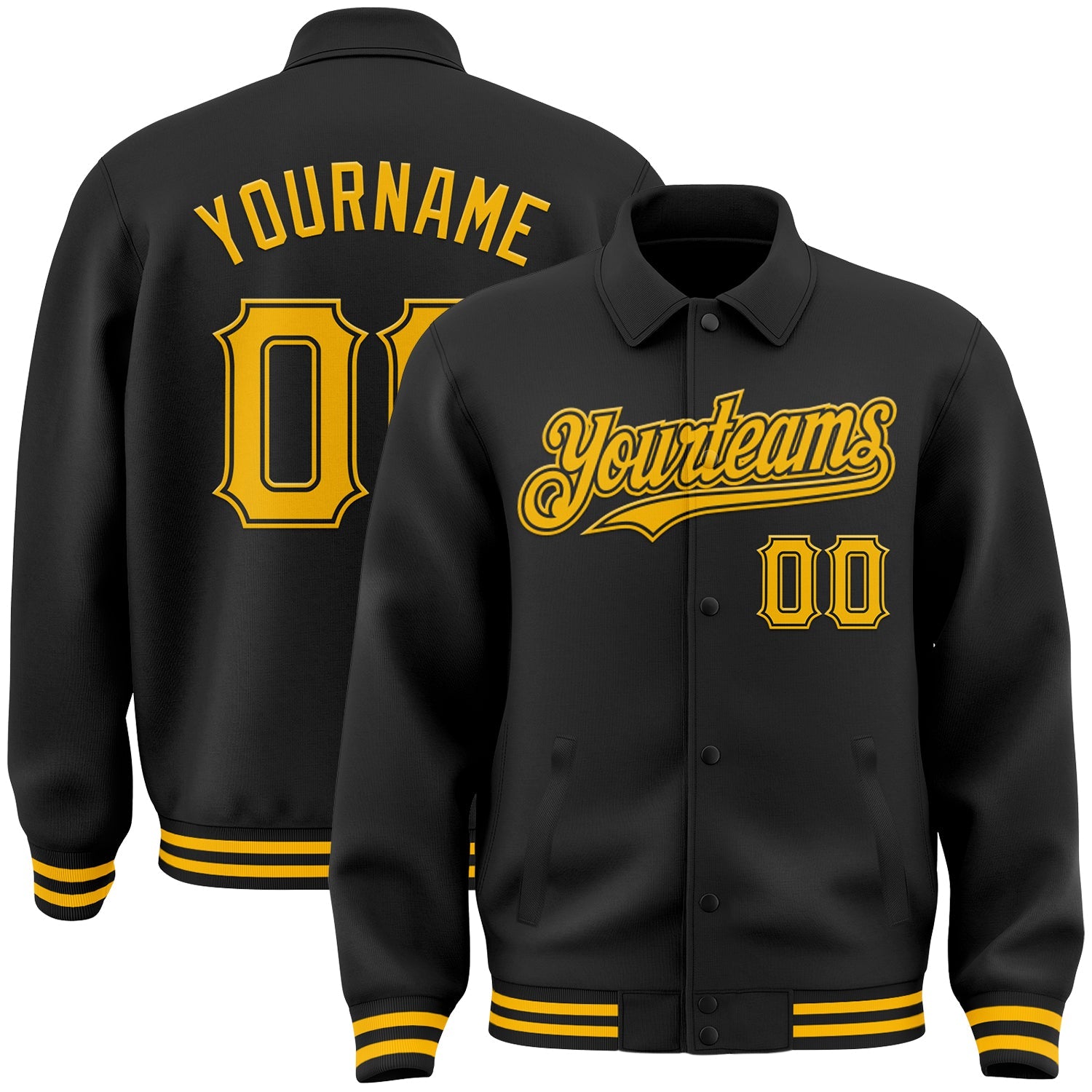 Custom Black Gold Bomber Full-Snap Varsity Letterman Lapel Collar Byron Jacket - Main View