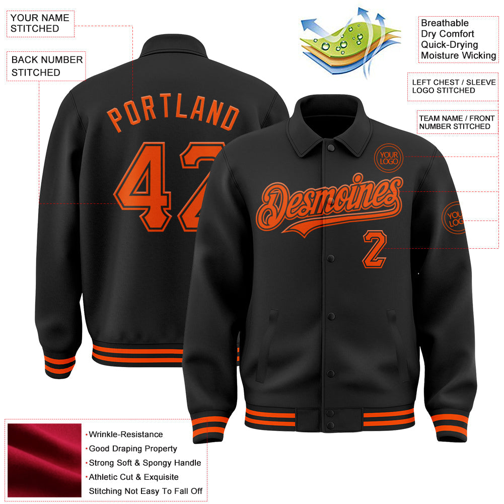 Custom Black Orange Bomber Full-Snap Varsity Letterman Lapel Collar Byron Jacket view 3